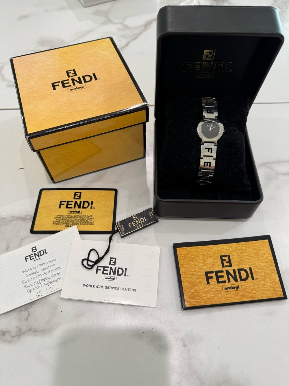 Authentic Fendi Silver-Tone Bracelet Watch with Black Dial and Logo Links